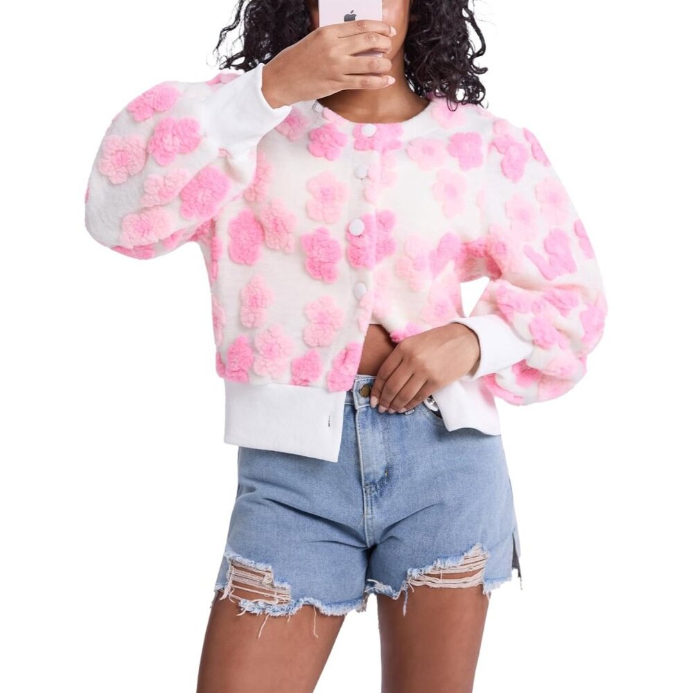 〽️Women's Pink Flygo Cropped Floral Print Bomber Warm Fleece Varsity Jacket